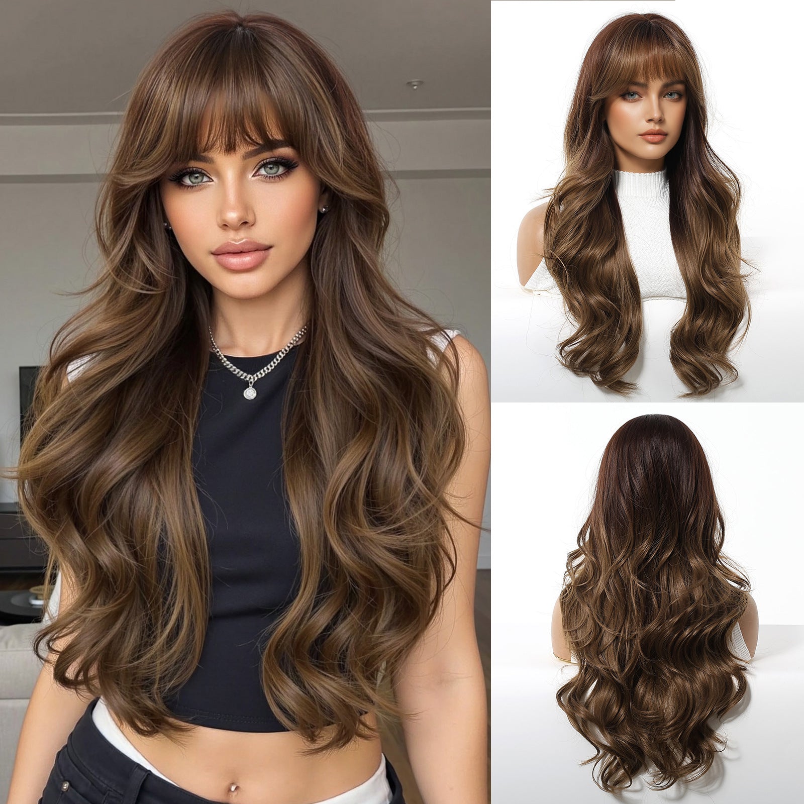 Long Curly Synthetic Hair Wig with Full Bangs