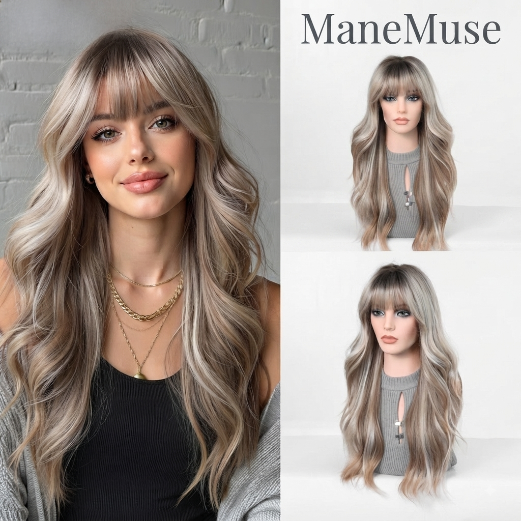 Long Curly Synthetic Hair Wig with Full Bangs
