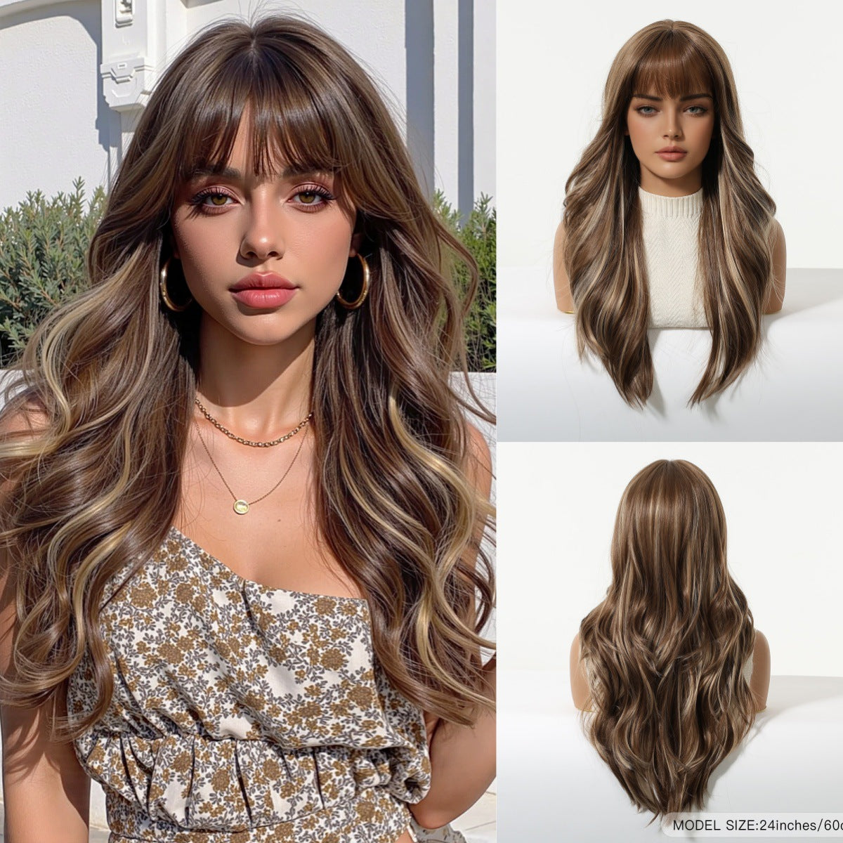 Long Curly Synthetic Hair Wig with Full Bangs
