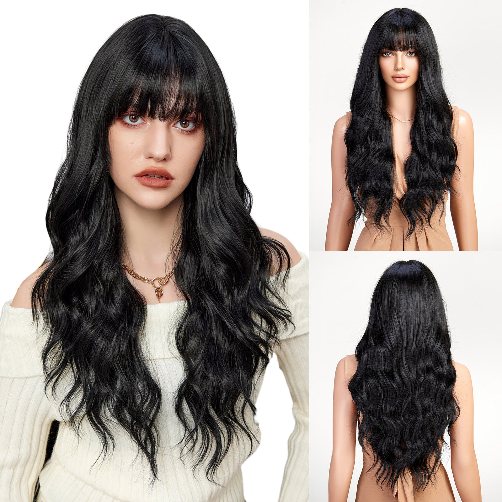 Long Curly Synthetic Hair Wig with Full Bangs